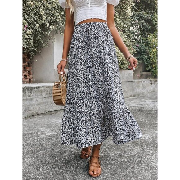 Women's Casual High Waist Floral Print Skirt Split Thigh A Line Maxi Skirts - Picture 6 of 7